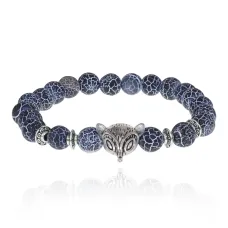 Браслет-амулет Лиса с синт. камнем синий Африканский агат 8мм BSH-04-27S