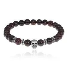 Браслет-амулет Череп с нат.камнем Гранат 8мм BSH-02-06S