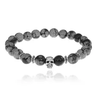 Браслет-амулет Череп с нат. камнем Снежный обсидиан 8мм BSH-02-14S