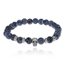 Браслет-амулет Череп с синт. камнем синий Африканский агат 8мм BSH-02-27S