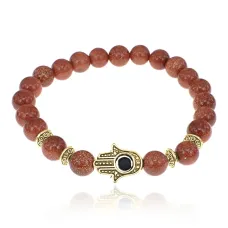 Браслет-амулет Хамса с синт. камнем Коричневый авантюрин 8мм BSHG-01