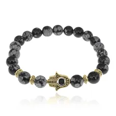 Браслет-амулет Хамса с нат. камнем Снежный обсидиан 8мм BSHG-14