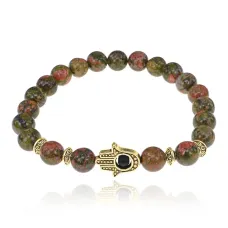 Браслет-амулет Хамса с нат.камнем Унакит 8мм BSHG-20