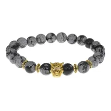 Браслет-амулет Леопард с нат. камнем Снежный обсидиан 8мм BSH-07-14S