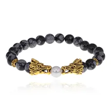 Браслет-амулет Дракон с нат. камнем Снежный обсидиан 8мм BSH-08-14G