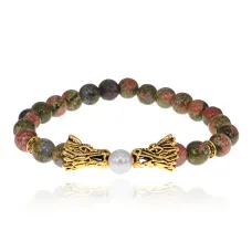Браслет-амулет Дракон с нат.камнем Унакит 8мм BSH-08-20G