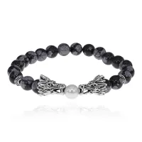Браслет-амулет Драконы с нат. камнем Снежный обсидиан 8мм BSH-08-14S