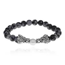 Браслет-амулет Драконы с нат. камнем Снежный обсидиан 8мм BSH-08-14S