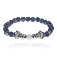 Браслет-амулет Драконы с нат.камнем синий Африканский агат 8мм BSH-08-27S