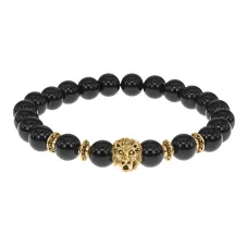 Браслет-амулет Лев с нат. камнем Черный агат 8мм BSH-09-23G