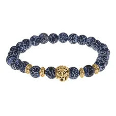 Браслет-амулет Лев с нат. камнем синий Африканский агат 8мм BSH-09-27G