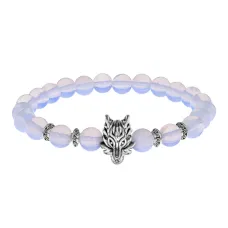 Браслет-амулет Волк с синт. камнем Лунный камень 8мм BSH-10-11S