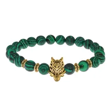 Браслет-амулет Волк с синт. камнем Малахит 8 мм BSH-10-12G