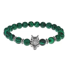 Браслет-амулет Волк с синт. камнем Малахит 8 мм BSH-10-12S