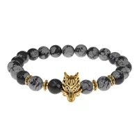 Браслет-амулет Волк с нат. камнем Снежный обсидиан 8мм BSH-10-14G