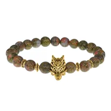 Браслет-амулет Волк с нат.камнем Унакит 8мм BSH-10-20G