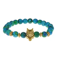 Браслет-амулет Волк с синт. камнем Хризоколла 8мм BSH-10-21G