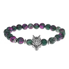 Браслет-амулет Волк с синт. камнем Цоизит 8 мм BSH-10-22S
