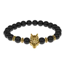 Браслет-амулет Волк с нат. камнем Черный агат 8мм BSH-10-23G