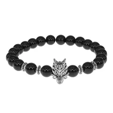 Браслет-амулет Волк с нат. камнем Черный агат 8мм BSH-10-23S