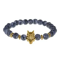 Браслет-амулет Волк с нат. камнем синий Африканский агат 8мм BSH-10-27G