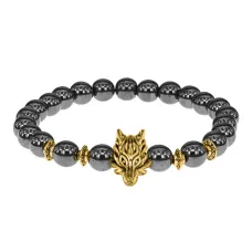 Браслет-амулет Волк с синт. камнем Гематит (не магнит.) 8мм BSH-10-28G