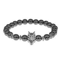 Браслет-амулет Волк с синт. камнем Гематит (не магнит.) 8мм BSH-10-28S