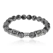 Рунический браслет Стрелец с нат.камнем Снежный обсидиан 8мм BSZ03-09