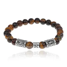 Рунический браслет Лев с нат.камнем Тигровый глаз 8мм BSZ03-17