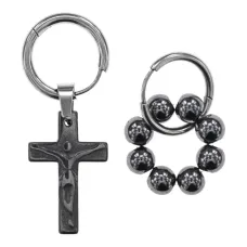 Ассимметричные серьги Конго с синтетическим камнем Гематит, распятие SEC06-03