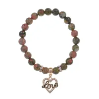 Браслет Сердце Love (Любовь) нат.камень Унакит 8мм BS-CR-0140