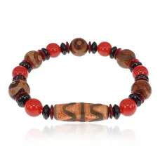 Браслет с бусинами Дзи 3 глаза и Двойной клык тигра, натуральный агат BSDZ-039
