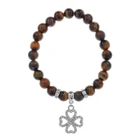 Браслет Клевер (удача и везение) нат.камень Тигровый глаз 8мм BS-CR-0529