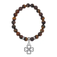 Браслет Клевер (удача и везение) нат.камень Тигровый глаз 8мм BS-CR-0529