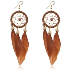 Серьги Ловец снов с перьями, 13х3х1см, цвет коричневый SE095-06