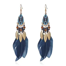 Серьги Капля с перьями, 12х2х1см, цвет темно-синий SE319-01
