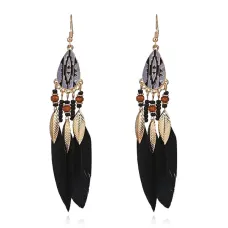 Серьги Капля с перьями, 12х2х1см, цвет черный SE319-02