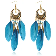 Серьги Полумесяц с перьями, 12х2,5х1см, цвет синий SE320-01