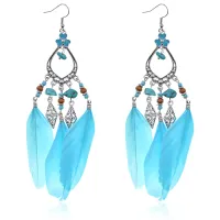 Серьги Капля с бирюзой и перьями, 13х2х1см SE325