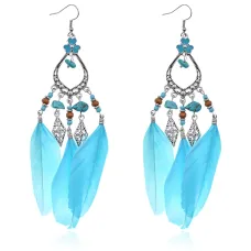 Серьги Капля с бирюзой и перьями, 13х2х1см SE325