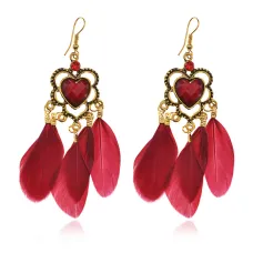 Серьги Сердце с перьями, 9х2,5х1см, цвет красный SE327-01