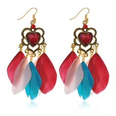 Серьги Сердце с перьями, 9х2,5х1см, разноцветные SE327-02