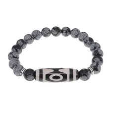 Браслет с 3-глазой бусиной Дзи и нат.камнем Снежный обсидиан