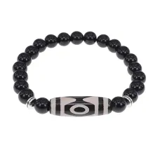 Браслет с 3-глазой бусиной Дзи и нат.камнем Черный агат BSDS8-01-23