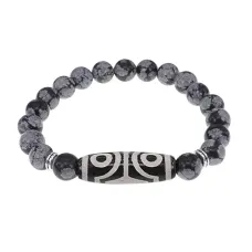 Браслет с 4-глазой бусиной Дзи и нат.камнем Снежный обсидиан BSDS8-02-14