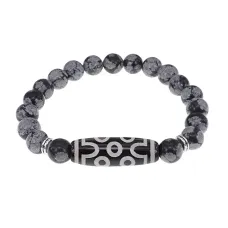 Браслет с 7-глазой бусиной Дзи и нат.камнем Снежный обсидиан BSDS8-04-14