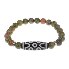Браслет с 7-глазой бусиной Дзи и нат.камнем Унакит BSDS8-04-20