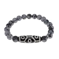 Браслет с 9-глазой бусиной Дзи и нат.камнем Снежный обсидиан BSDS8-05-14