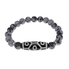 Браслет с 9-глазой бусиной Дзи и нат.камнем Снежный обсидиан BSDS8-05-14