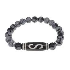 Браслет с бусиной Дзи Денежный крючок и нат.камнем Снежный обсидиан BSDS8-10-14